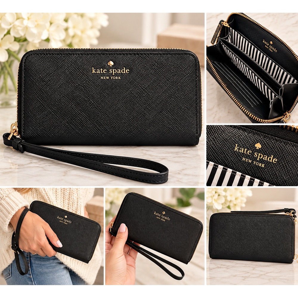 Kate Spade New York Black Saffiano Leather Zip Around Wristlet clutch